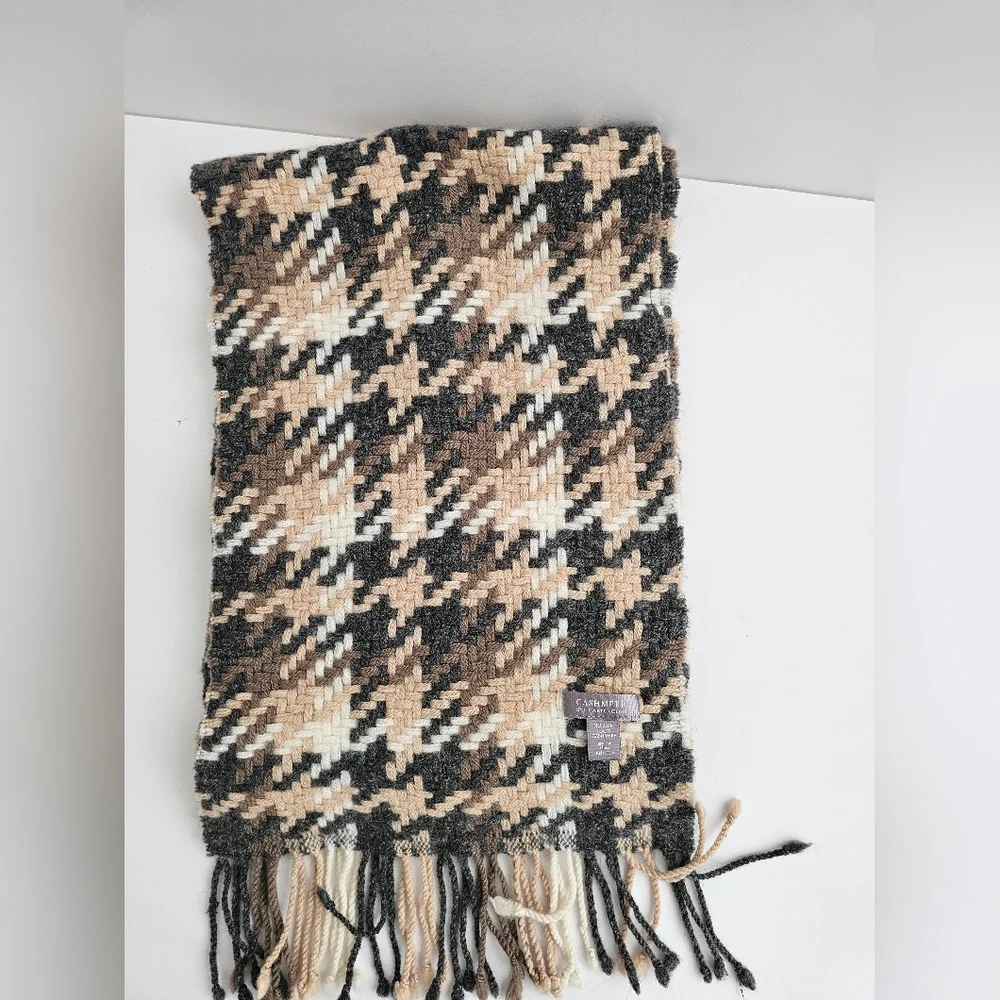Charter Club 100% Cashmere Scarf Basketweave Houndstooth Neutral Plaid Fringe